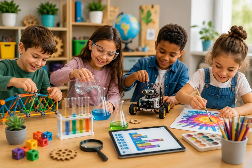 ¿Qué es el aprendizaje STEAM? 2 niños con juguetes steam